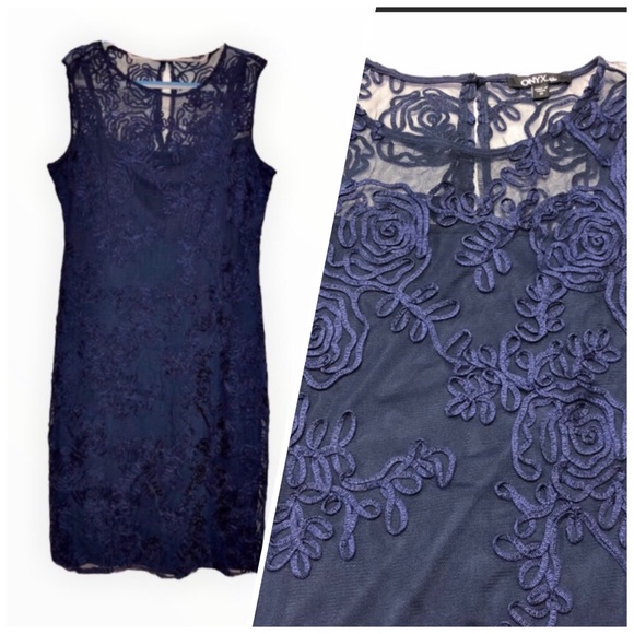 NWT Onyx Nite Navy Floral Lace Soutache Occasion Dress - Picture 12 of 12